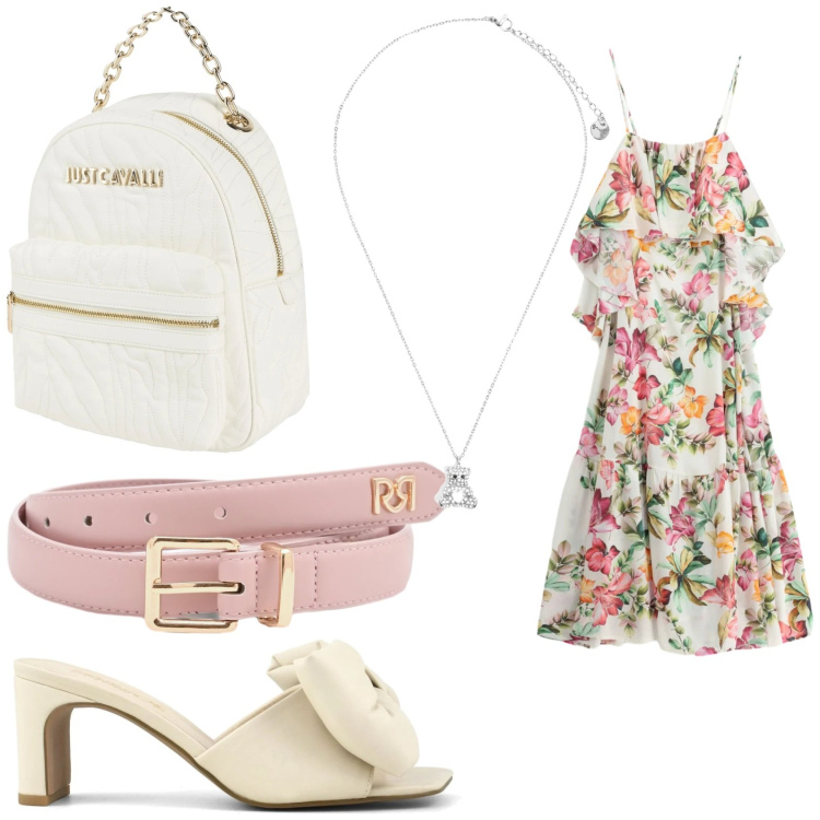 Outfit donna - Maggio in leggerezza. Stile Romantica per Tutti i giorni. Abbinamento con zaini, vestiti lunghi, cinture, ciondoli, sandali col tacco.