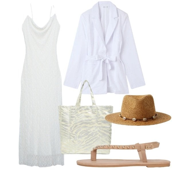 Outfit donna - Terranova White Boho Mood. Stile Boho per Tutti i giorni. Abbinamento con vestiti lunghi, shopping bag, blazer, cappelli, ciabatte.