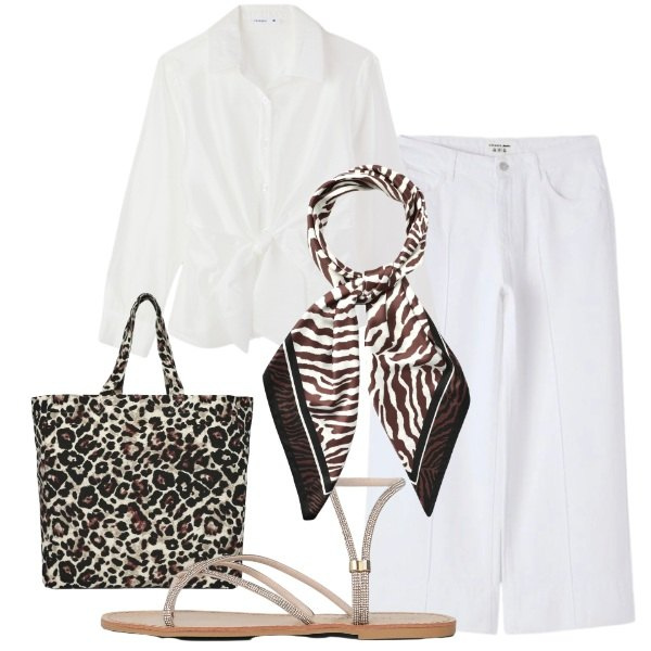 Outfit donna - Terranova White Boho Mood. Stile Boho per Tutti i giorni. Abbinamento con pantaloni, camicie, foulard, shopping bag, sandali.