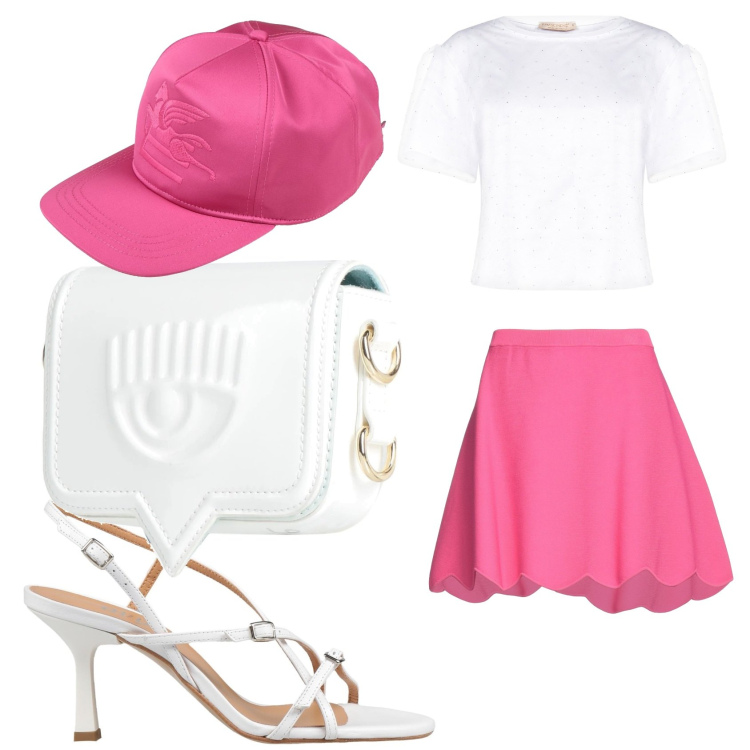 Outfit donna - La gonna a ruota. Stile Casual chic per Tutti i giorni. Abbinamento con cappelli con visiera, marsupi, sandali in pelle, minigonne, t-shirt.