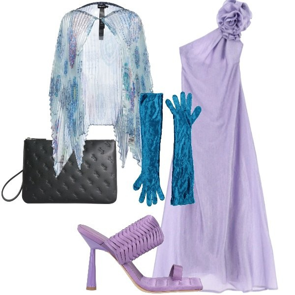 Outfit donna - Abito lungo per la cerimonia. Stile Chic per Cerimonia. Abbinamento con ciabatte, cappe, guanti, anelli, vestiti lunghi.