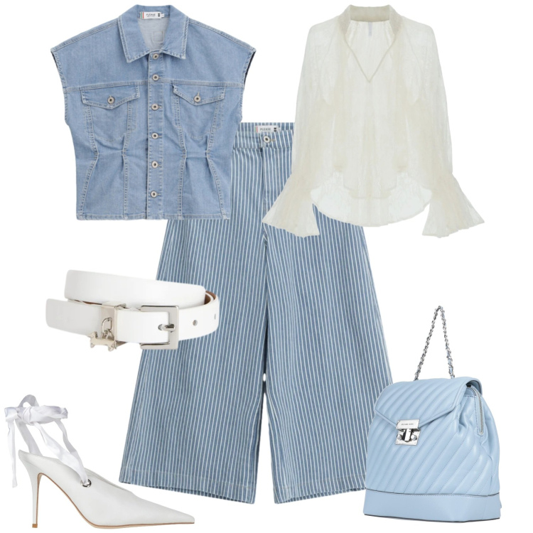 Outfit donna - Sporty chic serata evento. Stile Sporty chic per Serata fuori. Abbinamento con zaini, décolleté, cinture, gilet, jeans, bluse.