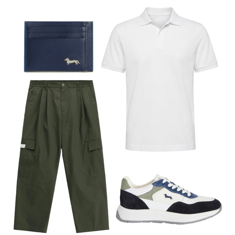Outfit uomo - Primaveraaaaa. Stile Casual per Tutti i giorni. Abbinamento con pantaloni cargo, sneakers, portafogli, polo.
