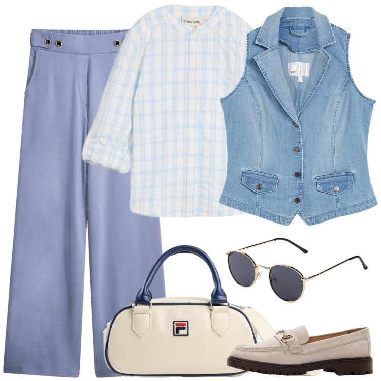 Outfit donna - Al parco. Stile Casual per Tutti i giorni. Abbinamento con occhiali da sole, gilet, bluse, pantaloni, borse a tracolla, mocassini.