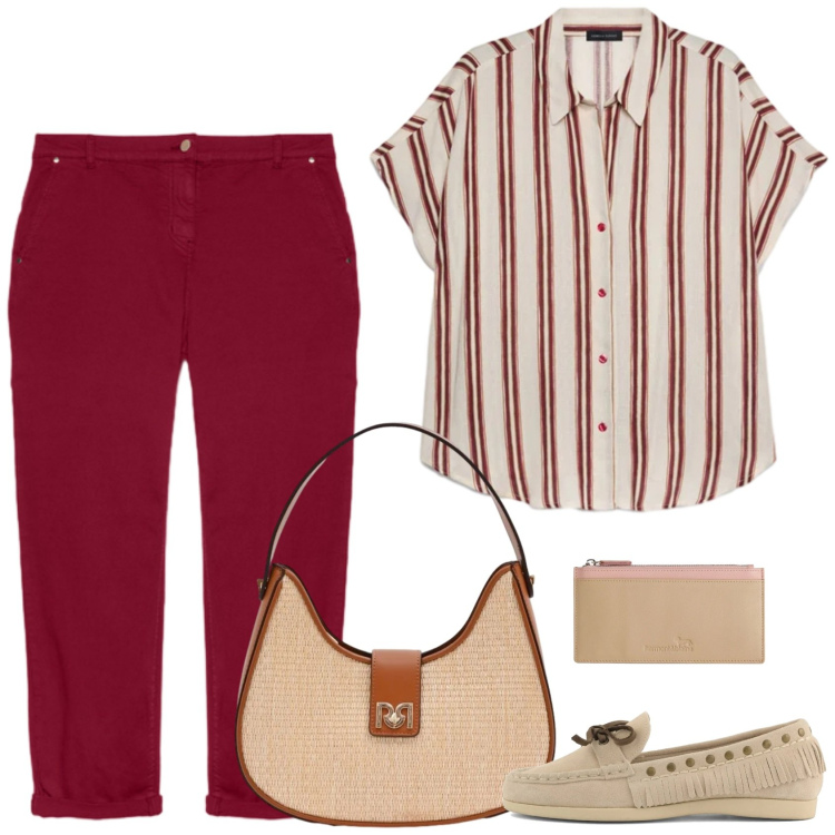 Outfit donna - Al mercato. Stile Basic per Tutti i giorni. Abbinamento con portafogli, borse a spalla, pantaloni chino, camicie a manica corta, mocassini.