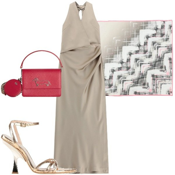 Outfit donna - Abito lungo per la cerimonia. Stile Chic per Cerimonia. Abbinamento con sandali in pelle, sciarpe, borse a tracolla, vestiti lunghi.