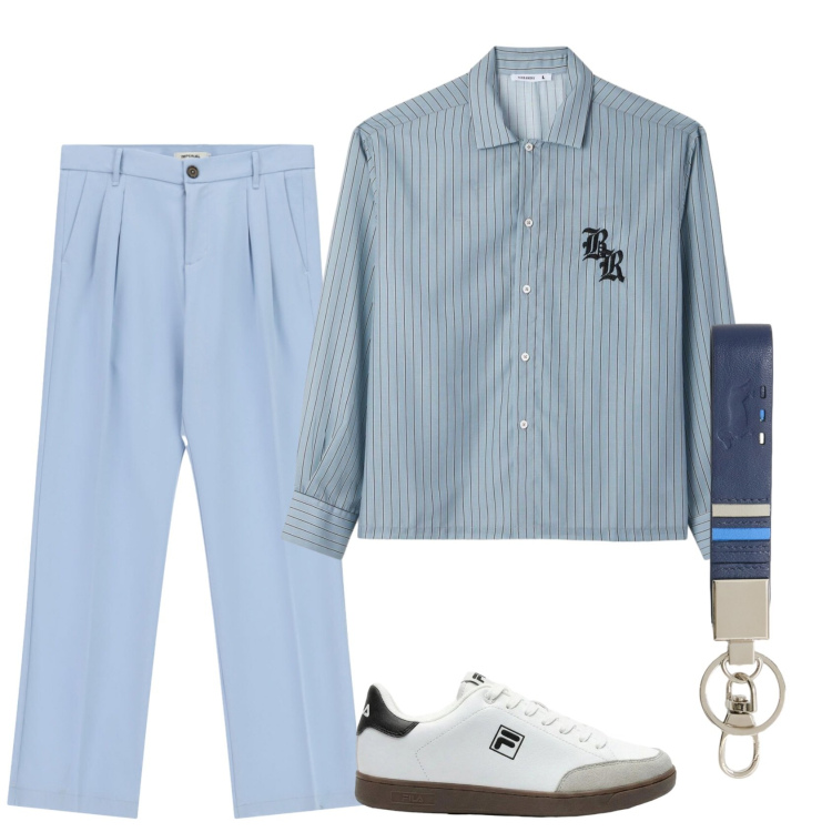 Outfit uomo - Cieli azzurri. Stile Trendy per Ufficio. Abbinamento con sneakers, camicie, pantaloni, portachiavi.