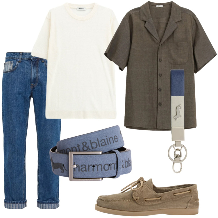 Outfit uomo - Prontissimo. Stile Trendy per Tutti i giorni. Abbinamento con camicie a manica corta, t-shirt, cinture, portachiavi, jeans, scarpe stringate.