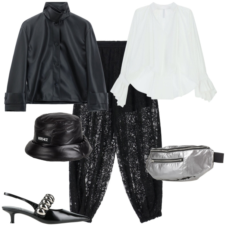 Outfit donna - Chic rock serata evento. Stile Chic per Serata fuori. Abbinamento con décolleté, cappelli, marsupi, blazer, camicie, pantaloni a palazzo.