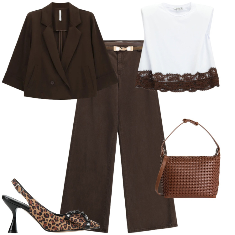 Outfit donna - Casual chic ufficio tempo libero. Stile Casual chic per Ufficio. Abbinamento con décolleté, cinture, borse a spalla, pantaloni a palazzo, top, blazer.
