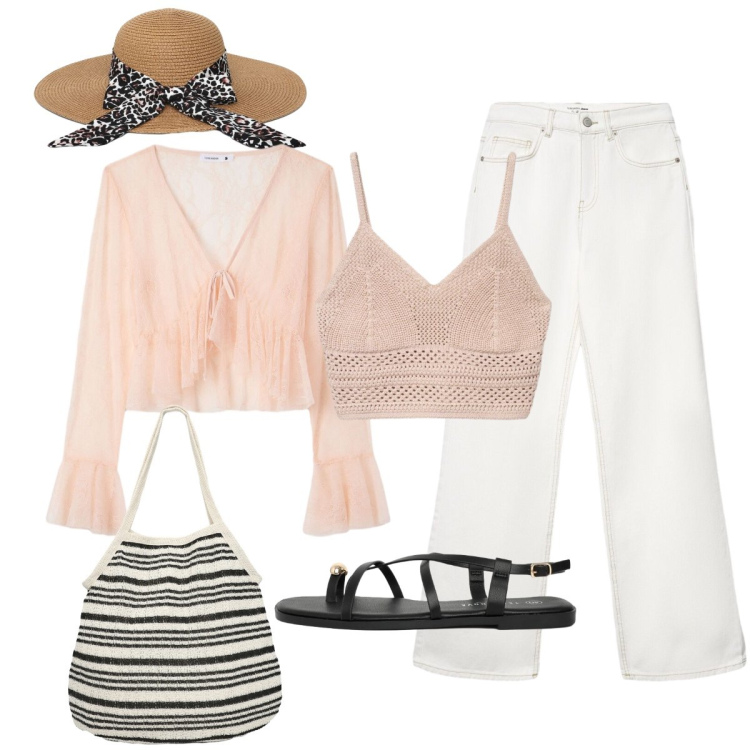 Outfit donna - Eleganza anticonformista. Stile Boho per Tutti i giorni. Abbinamento con jeans, cappelli, shopping bag, top, bluse, sandali.