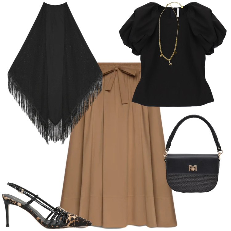 Outfit donna - Chic serata evento speciale. Stile Chic per Serata fuori. Abbinamento con décolleté, borse a spalla, bluse, ciondoli, gonne lunghe, foulard.
