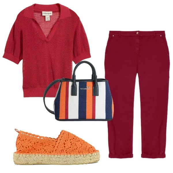 Outfit donna - Rosso rubino. Stile Trendy per Tutti i giorni. Abbinamento con polo, shopping bag, pantaloni chino, espadrillas.