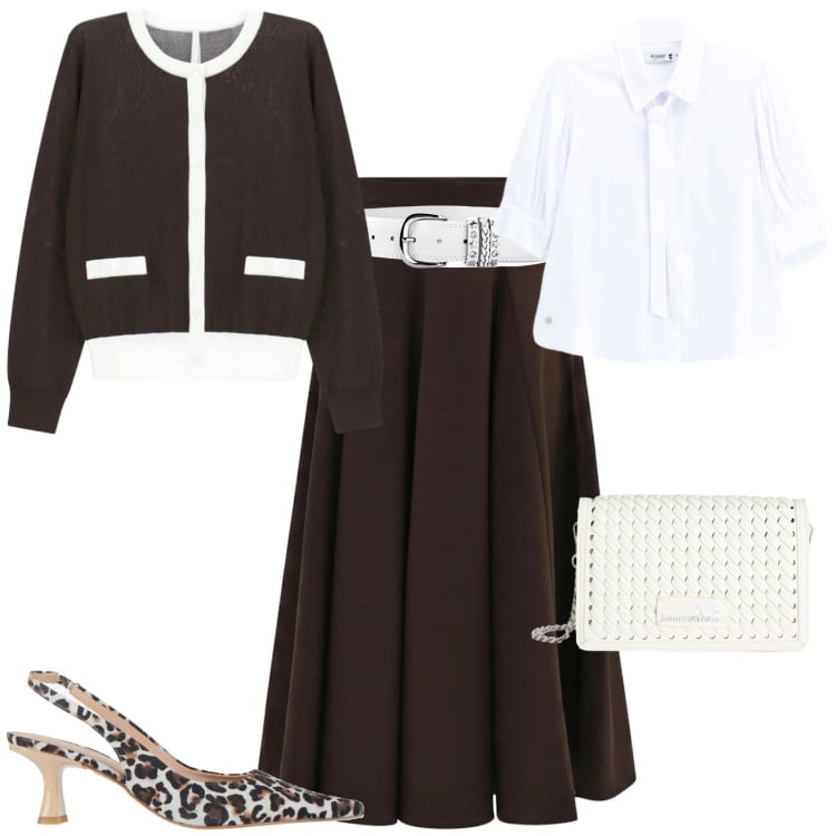 Outfit donna - Chic ufficio tempo libero. Stile Chic per Ufficio. Abbinamento con décolleté, cinture, gonne longuette, cardigans, borse a tracolla, camicie.