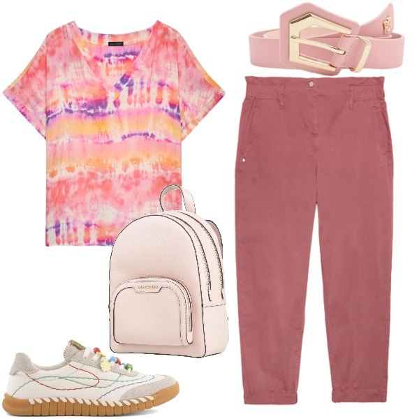 Outfit donna - Rosa polvere. Stile Trendy per Scuola/Università. Abbinamento con zaini, cinture, pantaloni, bluse, sneakers.
