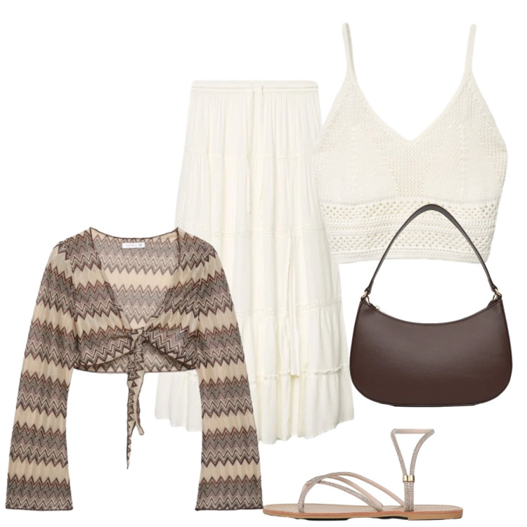 Outfit donna - Stile comodo e creativo. Stile Boho per Serata fuori. Abbinamento con gonne lunghe, sandali, top, borse a tracolla, blazer.