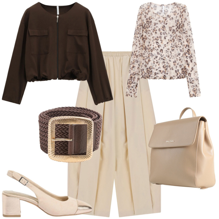 Outfit donna - Casual chic ufficio tempo libero. Stile Casual chic per Ufficio. Abbinamento con zaini, décolleté, cinture, bomber, t-shirt, pantaloni.