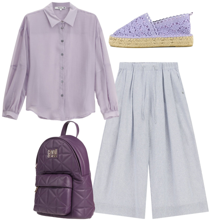 Outfit donna - Glicine. Stile Bon Ton per Tutti i giorni. Abbinamento con zaini, camicie, pantaloni a palazzo, espadrillas.