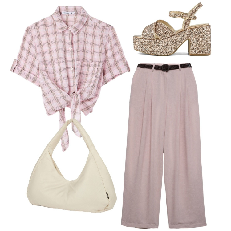 Outfit donna - Total look. Stile Bon Ton per Tutti i giorni. Abbinamento con pantaloni, camicie a manica corta, borse a spalla, sandali.