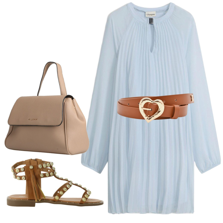 Outfit donna - Plissé di giorno. Stile Chic per Tutti i giorni. Abbinamento con zaini, vestiti corti, sandali, cinture.