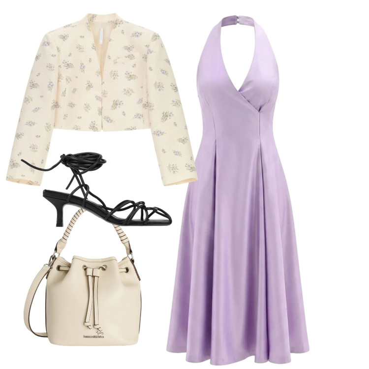 Outfit donna - Total look. Stile Chic per Cerimonia. Abbinamento con sandali col tacco, borse a secchiello, blazer, vestiti midi/longuette.