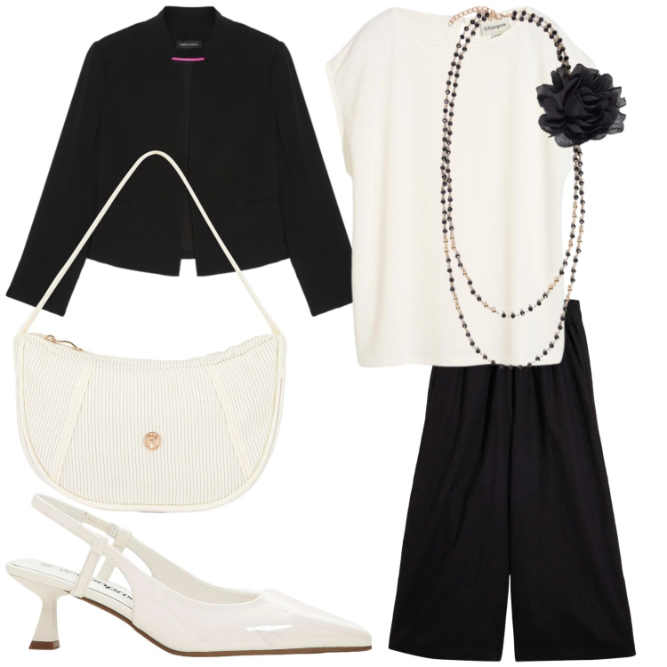 Outfit donna - Completo per tante occasioni. Stile Casual chic per Serata fuori. Abbinamento con pantaloni a palazzo, canottiere, décolleté, collane, blazer, borse a mano.
