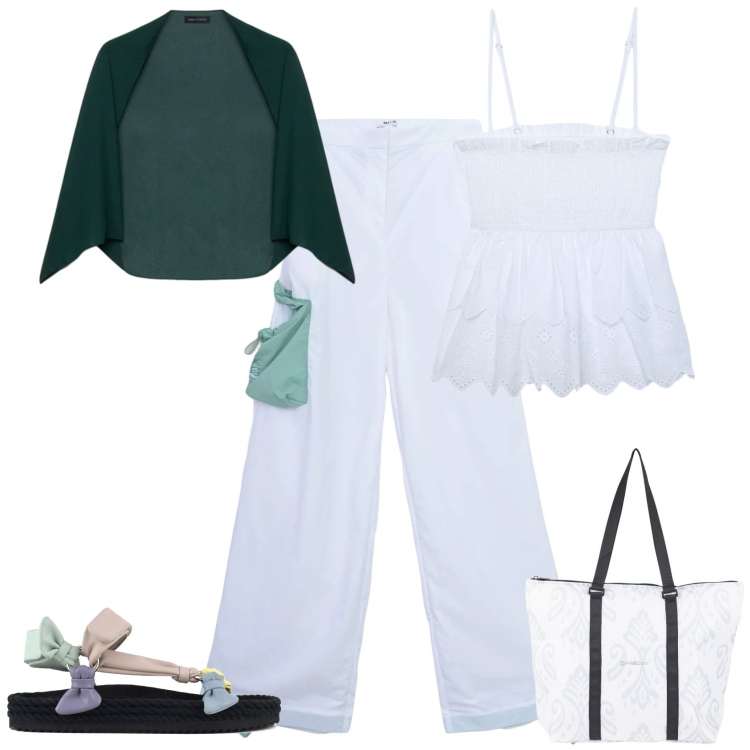 Outfit donna - Sporty chic al mare. Stile Sporty chic per Mare. Abbinamento con pantaloni cargo, canottiere, blazer, shopping bag, sandali.