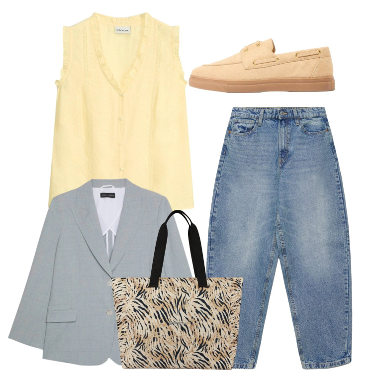 Outfit donna - Maggio mi voglio vestire - @star67. Stile Bon Ton per Tutti i giorni. Abbinamento con mocassini, canottiere, jeans, blazer, shopping bag.