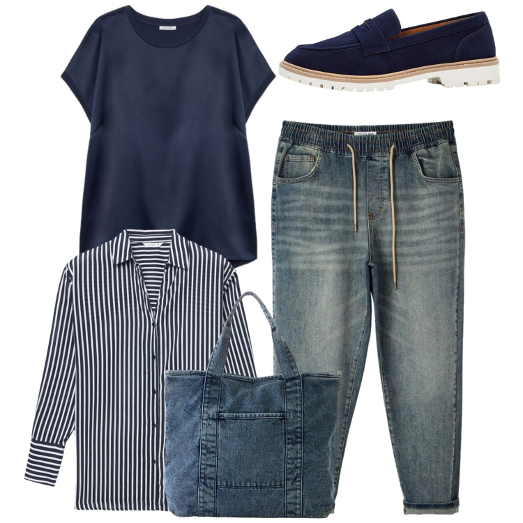 Outfit donna - Total look. Stile Casual per Tutti i giorni. Abbinamento con mocassini, shopping bag, camicie, jeans, bluse.
