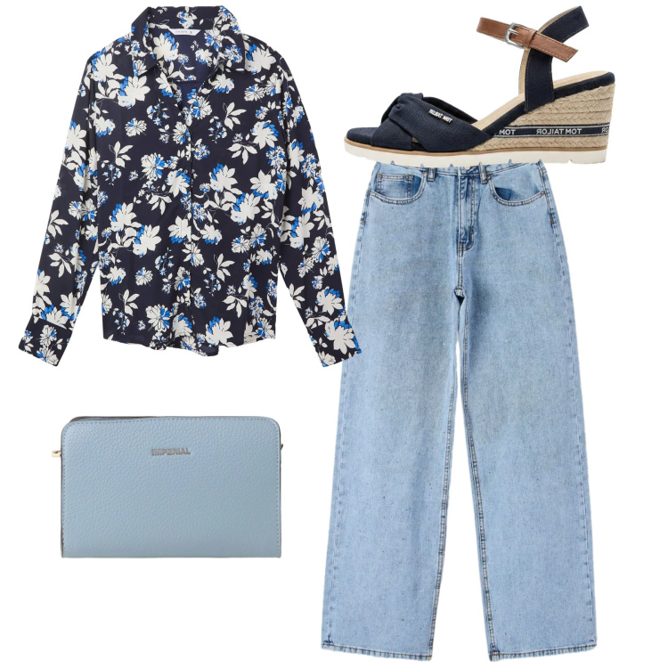 Outfit donna - Blue spring. Stile Casual per Tutti i giorni. Abbinamento con sandali, camicie, jeans, borse a tracolla.