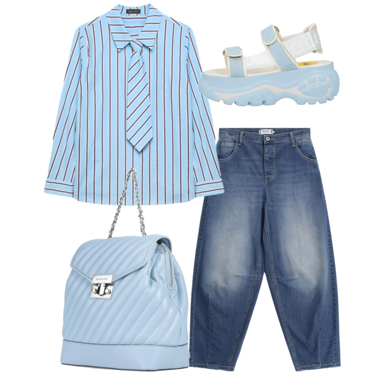 Outfit donna - Total look. Stile Casual per Tutti i giorni. Abbinamento con zaini, sandali col tacco, jeans, camicie.
