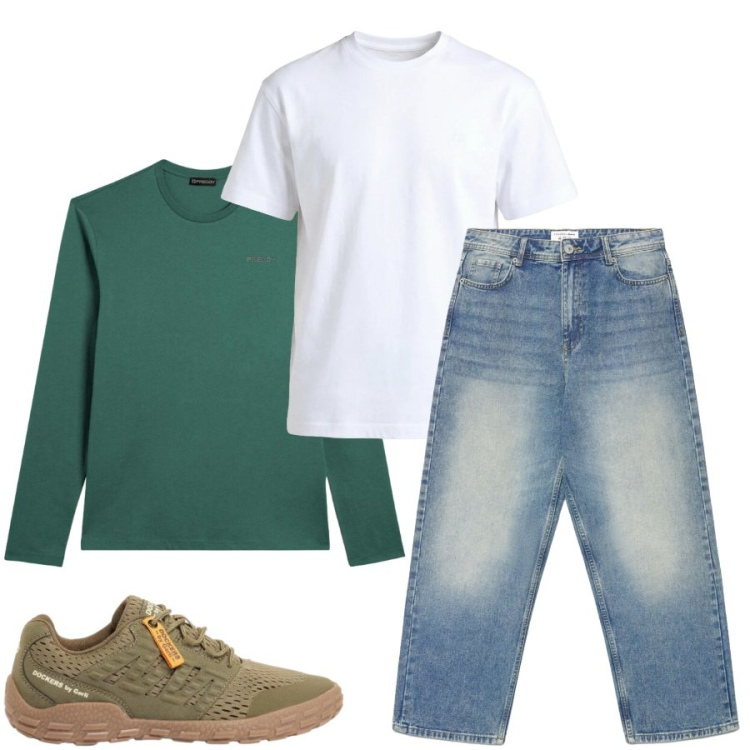 Outfit uomo - Total look #2404288. Stile Trendy per Tutti i giorni. Abbinamento con sneakers, jeans dritti, t-shirt, t-shirt.