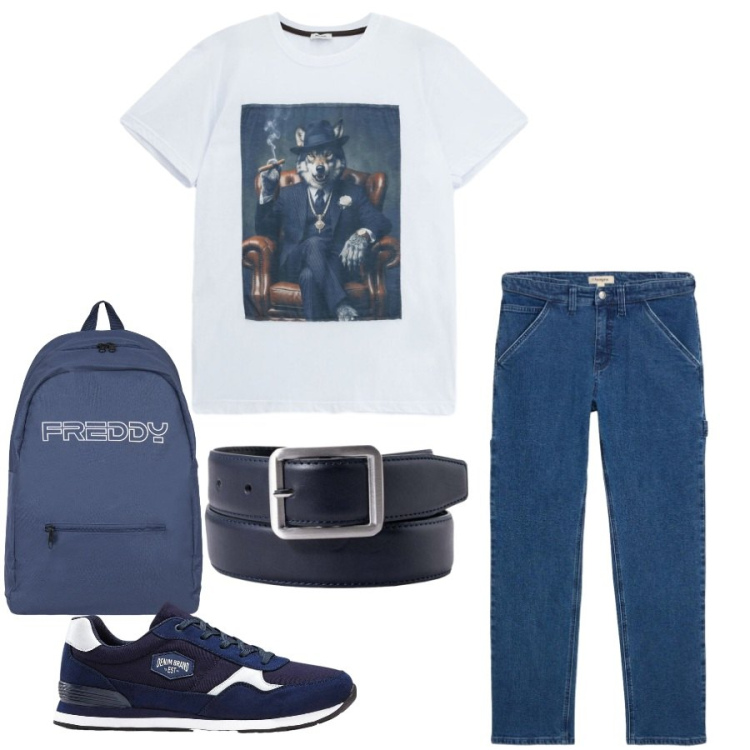 Outfit uomo - Total look #2404291. Stile Urban per Tutti i giorni. Abbinamento con sneakers, jeans dritti, t-shirt, borse sportive, cinture.