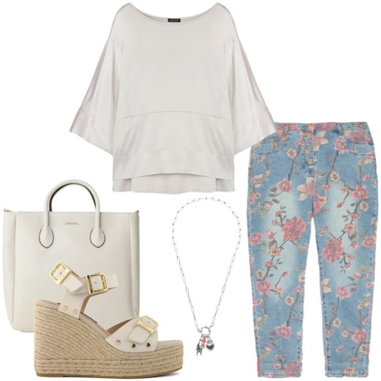 Outfit donna - Total look #2404295. Stile Casual chic per Tutti i giorni. Abbinamento con borse a tracolla, bluse, jeans, ciondoli, zeppe.