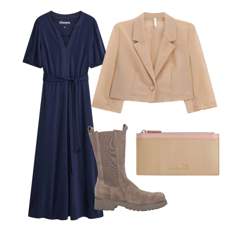 Outfit donna - Commissioni in città. Stile Minimal per Tutti i giorni. Abbinamento con stivali, vestiti midi/longuette, blazer, portafogli.
