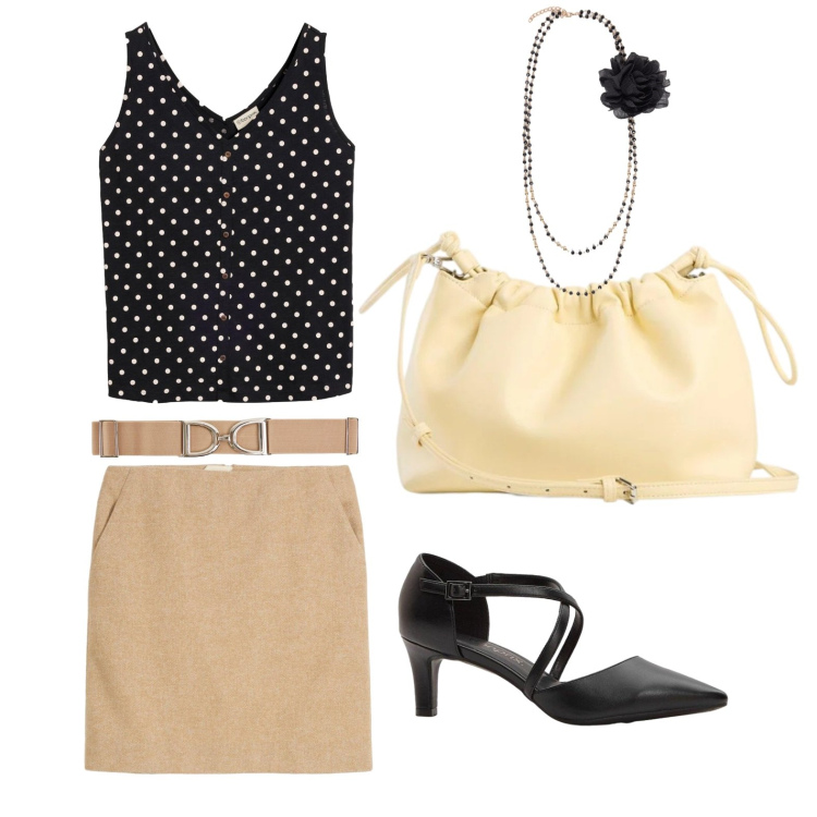 Outfit donna - Eleganza e forme. Stile Casual chic per Tutti i giorni. Abbinamento con gonne, décolleté, borse a tracolla, canottiere, cinture, collane.