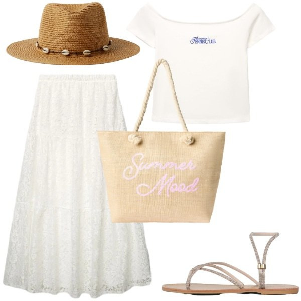 Outfit donna - Total look #2404298. Stile Romantica per Mare. Abbinamento con cappelli, borse tote, gonne lunghe, sandali, t-shirt.