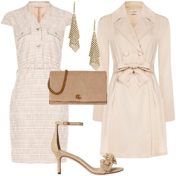 Outfit donna - L\'Invitata perfetta sei tu - Cerimonie R. Stile Chic per Cerimonia. Abbinamento con vestiti midi/longuette, trench, orecchini, sandali in pelle, borse a tracolla.