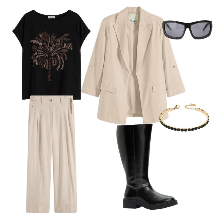 Outfit donna - Oggi vado a piedi. Stile Mannish per Tutti i giorni. Abbinamento con t-shirt, blazer, stivali, pantaloni a palazzo, occhiali da sole, braccialetti.