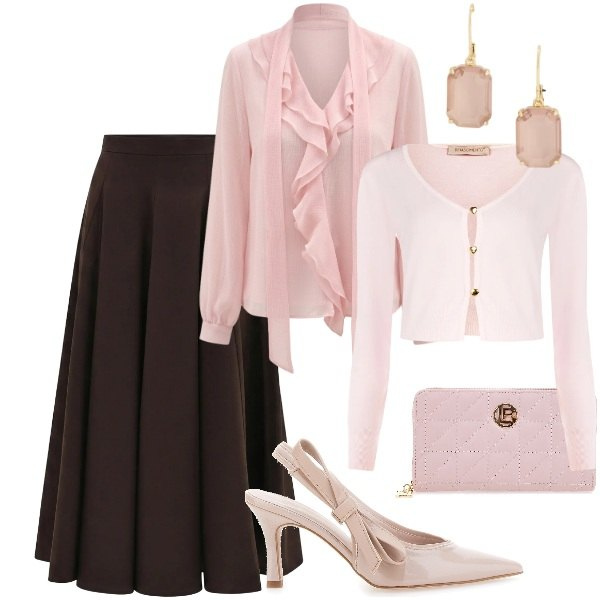 Outfit donna - L\'invitata perfetta sei tu - Rinasciment. Stile Chic per Cerimonia. Abbinamento con cardigans, bluse, gonne longuette, orecchini, portafogli, décolleté.
