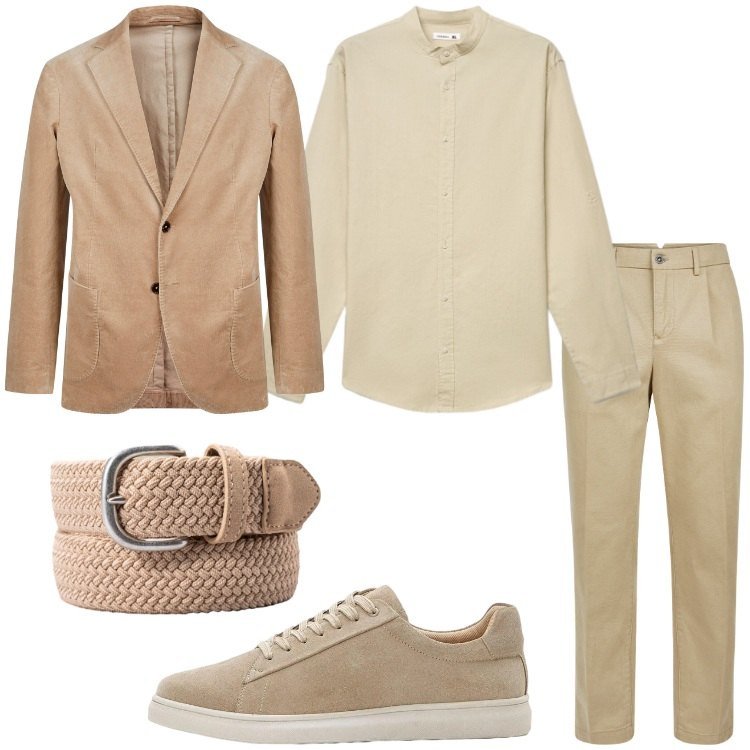Outfit uomo - Look monocromatico chiaro. Stile Trendy per Ufficio. Abbinamento con sneakers, camicie, pantaloni, giacche, cinture.