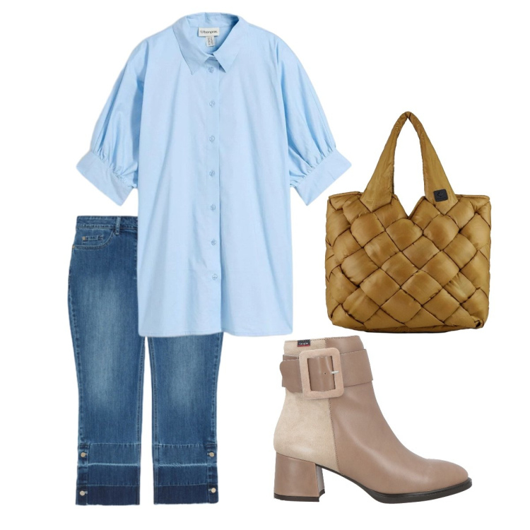 Outfit donna - Maggio all’aperto 3. Stile Basic per Tutti i giorni. Abbinamento con stivaletti, camicie, jeans, borse tote.