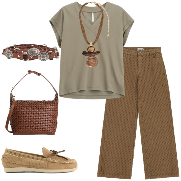 Outfit donna - Total look #2404326. Stile Casual per Tutti i giorni. Abbinamento con cinture, borse a spalla, pantaloni, top, ciondoli, mocassini.