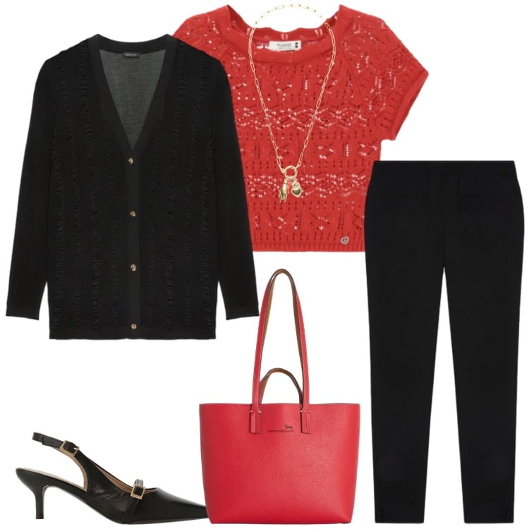 Outfit donna - Total look #2404328. Stile Casual chic per Serata fuori. Abbinamento con sandali col tacco, shopping bag, top, ciondoli, cardigans, pantaloni skinny.