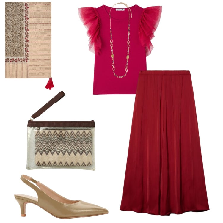 Outfit donna - Total look #2404334. Stile Romantica per Serata fuori. Abbinamento con décolleté, t-shirt, gonne longuette, pochette, collane, sciarpe.