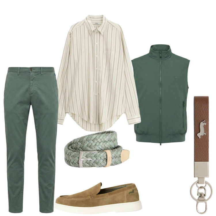 Outfit uomo - #Menswear #SageGreen #CasualChic #Spring. Stile Casual per Tutti i giorni. Abbinamento con camicie, portachiavi, gilet, cinture, pantaloni chino, scarpe stringate.
