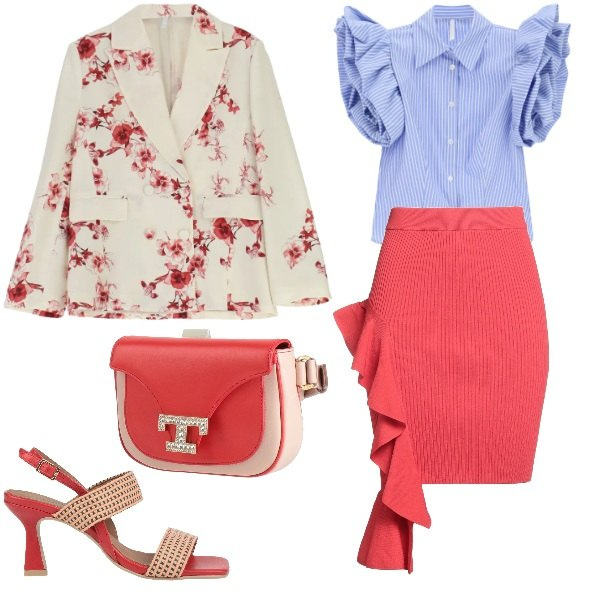 Outfit donna - Total look #2404338. Stile Glamour per Serata fuori. Abbinamento con minigonne, marsupi, sandali in pelle, camicie a manica corta, blazer.
