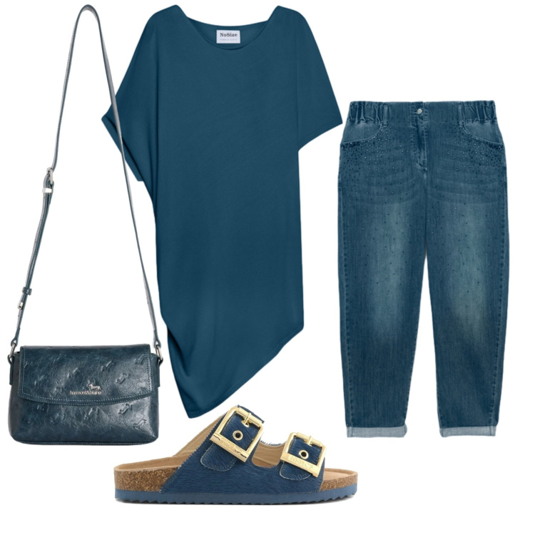 Outfit donna - Total look #2404340. Stile Casual per Ufficio. Abbinamento con borse a tracolla, maglieria, jeans, sandali in pelle.