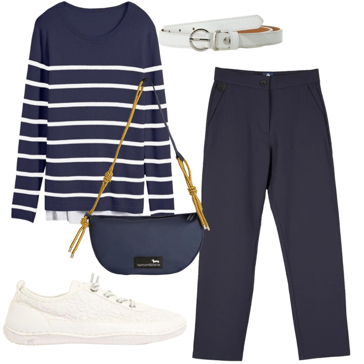 Outfit donna - Total look #2404343. Stile Bon Ton per Ufficio. Abbinamento con maglieria, sneakers, cinture, borse a tracolla, pantaloni chino.