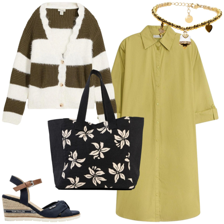 Outfit donna - Casual in primavera. Stile Casual per Tutti i giorni. Abbinamento con cardigans, vestiti chemisier, shopping bag, sandali, braccialetti.